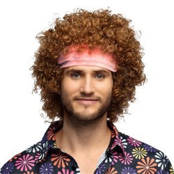 PERRUQUE HIPPIE GROOVE CHEVEUX BOUCLES CHATAIN + BANDEAU