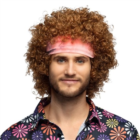 PERRUQUE HIPPIE GROOVE CHEVEUX BOUCLES CHATAIN + BANDEAU