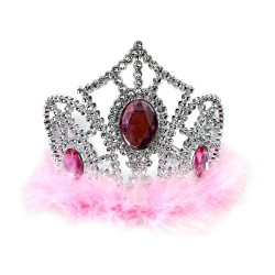TIARE COURONNE DIADEME PRINCESSE LEONOR ARGENT PIERRES ET MARABOUT PLUMES ROSE