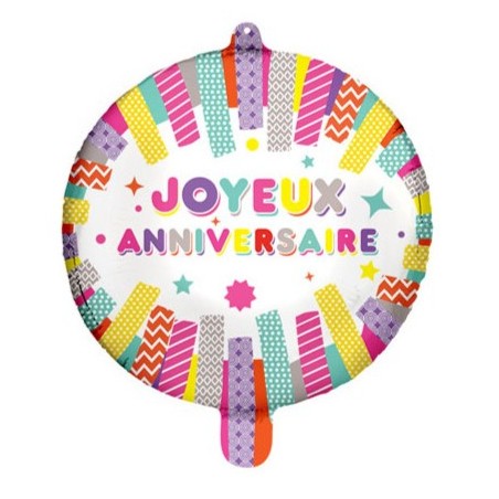 BALLON METALLIQUE ROND 48 CM JOYEUX ANNIVERSAIRE COLORE