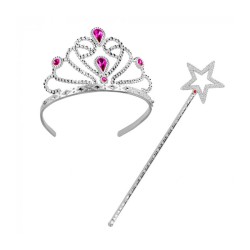 BAGUETTE DE FEE MAGIQUE + DIADEME PRINCESSE ISABELLE ARGENT PIERRES STRASS ROSE