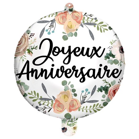 BALLON METALLIQUE ROND 45 CM JOYEUX ANNIVERSAIRE FLEURS 