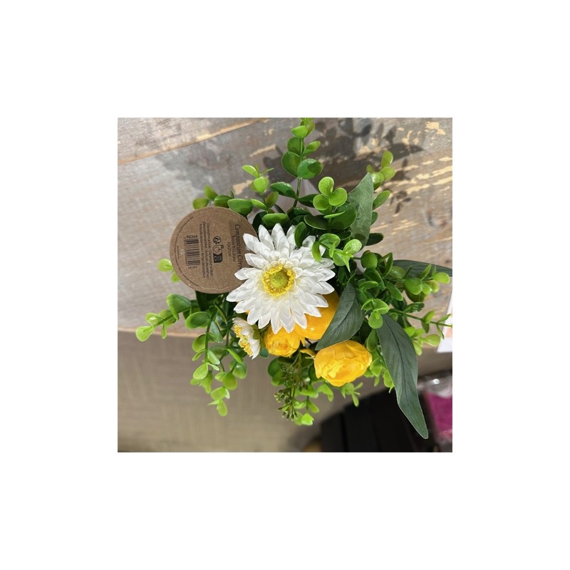 DECORATION COMPOSITION CITRONS, FLEURS ET FEUILLAGE JAUNE ET BLANC AVEC POT EN B