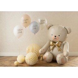 BALLON METALLIQUE OURS CREME SATIN NOEUD OR GONFLAGE AIR 84 X 75 CM