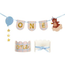 BANNER + COURONNE ONE DECORATIVE OURS COULEURS CREME ROSE ET BLEU