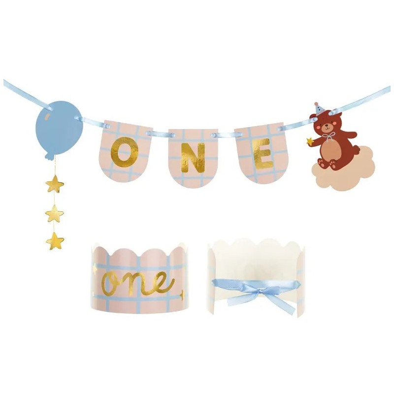 BANNER + COURONNE ONE DECORATIVE OURS COULEURS CREME ROSE ET BLEU BANNER + COURONNE ONE DECORATIVE OURS COULEURS CREME ROSE ET BLEU