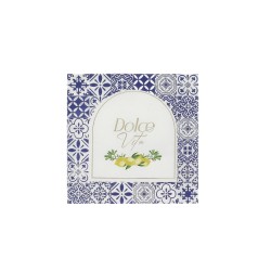 16 SERVIETTES DOLCE VITA BLEU ROI , BLANC ET OR + CITRONS 33 X 33 CM 3 PLIS