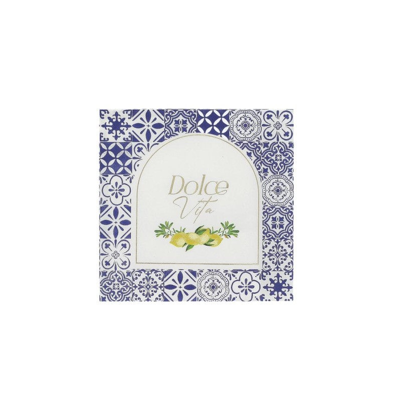 16 SERVIETTES DOLCE VITA BLEU ROI , BLANC ET OR + CITRONS 33 X 33 CM 3 PLIS 16 SERVIETTES DOLCE VITA BLEU ROI , BLANC ET OR + CITRONS 33 X 33 CM 3 PLIS