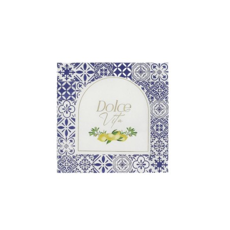 16 SERVIETTES DOLCE VITA BLEU ROI , BLANC ET OR + CITRONS 33 X 33 CM 3 PLIS