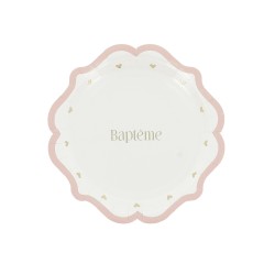 8 ASSIETTES BAPTEME ROSE, BLANC ET OR 18 CM 