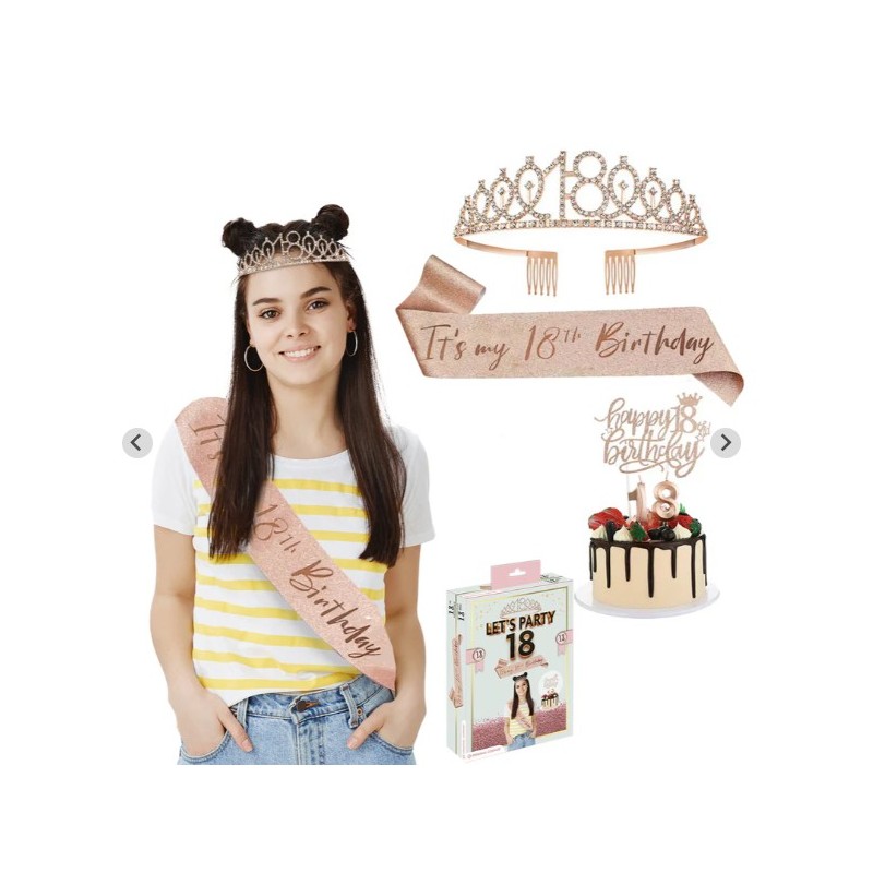 PACK ANNIVERSAIRE 18 ANS ECHARPE DIADEME CAKE TOPPER ET BOUGIES
