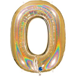 BALLON METALLIQUE CHIFFRE 0 OR HOLOGRAPHIQUE GLITTER 102 CM