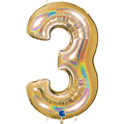 BALLON METALLIQUE CHIFFRE 3 OR HOLOGRAPHIQUE GLITTER 102 CM