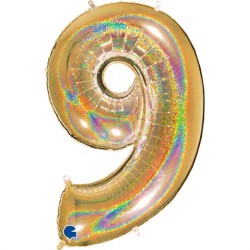 BALLON METALLIQUE CHIFFRE 9 OR HOLOGRAPHIQUE GLITTER 102 CM
