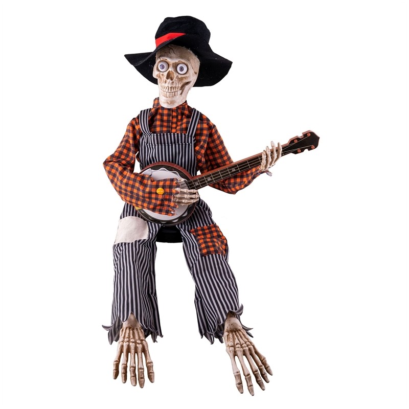DECORATION HALLOWEEN SQUELETTE AVEC BANJO MOUVEMENT SON ET LUMIERE
