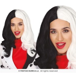 PERRUQUE NOIRE ET BLANCHE FEMME CRUELLE LONGS CHEVEUX LISSES SANS FRANGE