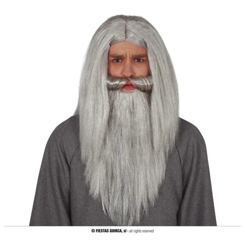 PERRUQUE CHEVEUX LONGS ET BARBE LONGUE MAGICIEN OU GANDALF GRIS