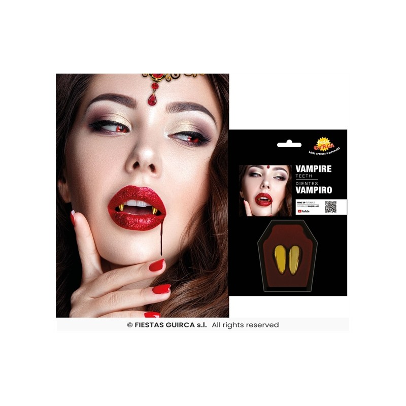 2 DENTS CANINES DE DRACULA OU VAMPIRE COULEUR OR AVEC PATE