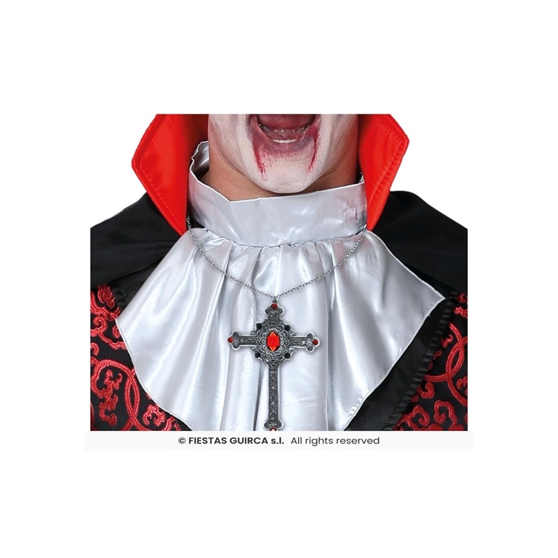 COLLIER CROIX ARGENT PIERRES ROUGE VAMPIRE OU PRETRE 12 CM COLLIER CROIX ARGENT PIERRES ROUGE VAMPIRE OU PRETRE 12 CM