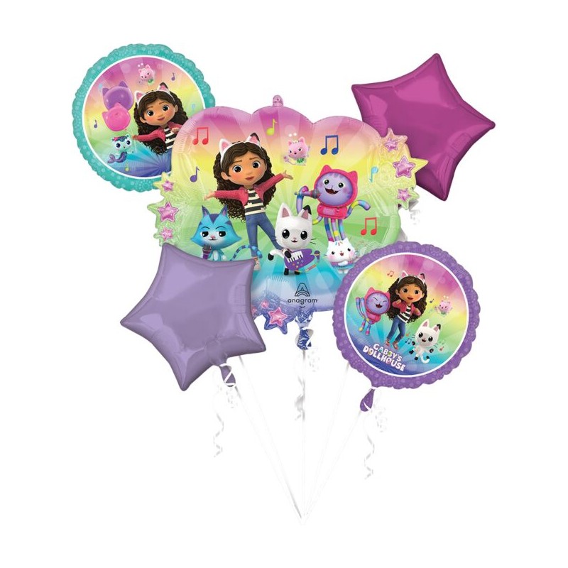 BOUQUET DE 5 BALLONS METALLIQUES GABBYCHAT OU GABBY'S DOLLHOUSE BOUQUET DE 5 BALLONS METALLIQUES GABBYCHAT OU GABBY'S DOLLHOUSE