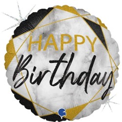 BALLON METALLIQUE ROND MARBLE NOIR HAPPY BIRTHDAY 46 CM 