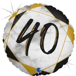 BALLON METALLIQUE ROND MARBLE MATE NOIR 40 ANS 46 CM 