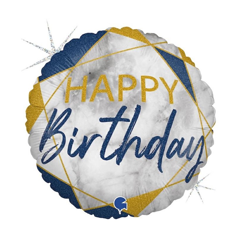 BALLON METALLIQUE ROND MARBLE  MATE BLEU  HAPPY BIRTHDAY 46 CM 