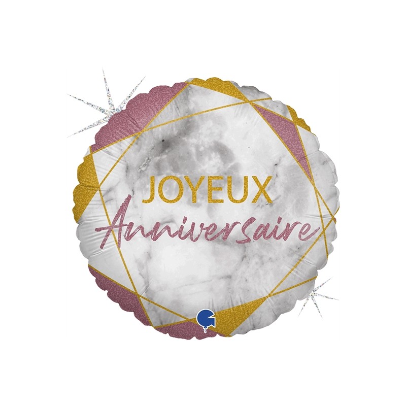 BALLON ROND METALLIQUE JOYEUX ANNIVERSAIRE MARBE ROSE 46 CM  BALLON ROND METALLIQUE JOYEUX ANNIVERSAIRE MARBE ROSE 46 CM