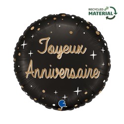 BALLON METALLIQUE ROND NOIR ECRITURE OR JOYEUX ANNIVERSAIRE 46 CM 