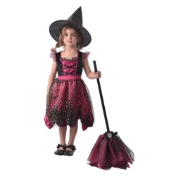 DEGUISEMENT HALLOWEEN SORCIERE ROBE ROSE ETOILES BRILLANTES ARGENT BEBE 1-2 ANS
