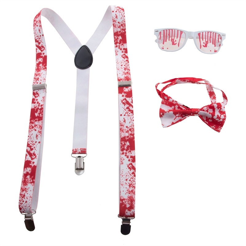 KIT ACCESSOIRES HALLOWEEN BLANC AVEC SANG BRETELLES LUNETTES ET NOEUD PAPILLON KIT ACCESSOIRES HALLOWEEN BLANC AVEC SANG BRETELLES LUNETTES ET NOEUD PAPILLON