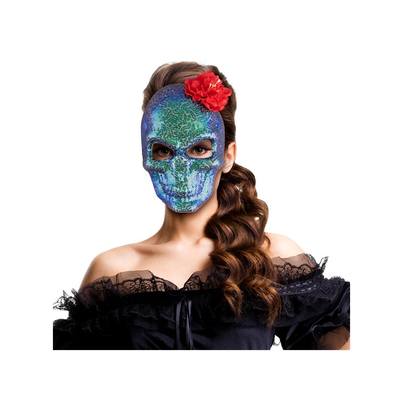 MASQUE TETE DE MORT PAILLETTES OU SEQUINS BLEU VERT DECOR ROSE ROUGE