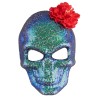 MASQUE TETE DE MORT PAILLETTES OU SEQUINS BLEU VERT DECOR ROSE ROUGE