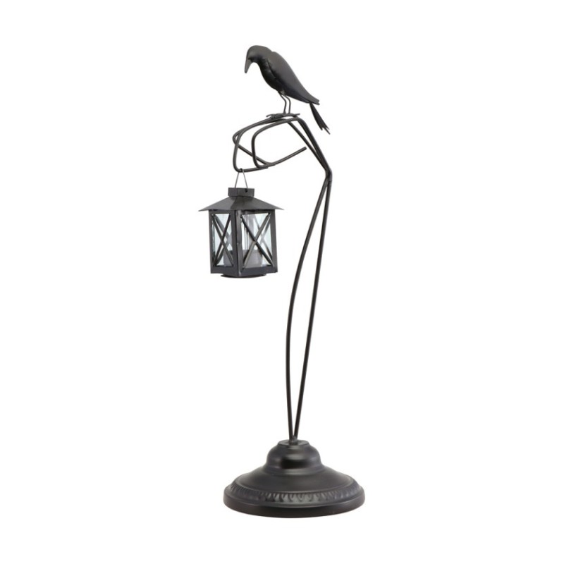 CORBEAU SUR BRANCHE METAL AVEC LANTERNE POUR BOUGIE CHAUFFE-PLAT - DIA 15.5CM X  CORBEAU SUR BRANCHE METAL AVEC LANTERNE POUR BOUGIE CHAUFFE-PLAT - DIA 15.5CM X