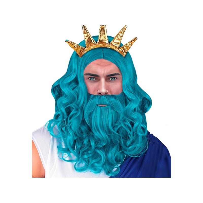 PERRUQUE BARBE ET MOUSTACHE DIEU DE L'OLYMPE POSSEIDON OU NEPTUNE TURQUOISE