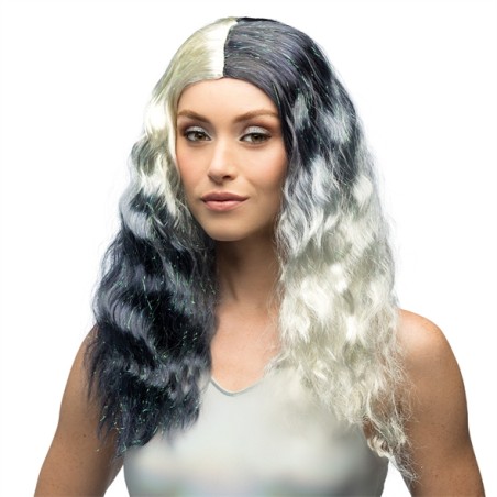 PERRUQUE CHEVEUX LONGS ONDULES NOIR ET BLANC SANS FRANGE GALAXY