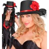 CHAPEAU HAUT DE FORME NOIR AVEC TULLE NOIR ET ROSE ROUGE