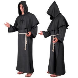 DEGUISEMENT MOINE NOIR TAILLE XXL ROBE A CAPUCHE CEINTURE 