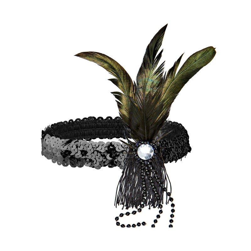 BANDEAU POUR LA TETE PAILLETTE NOIR AVEC PLUMES BANDEAU POUR LA TETE PAILLETTE NOIR AVEC PLUMES