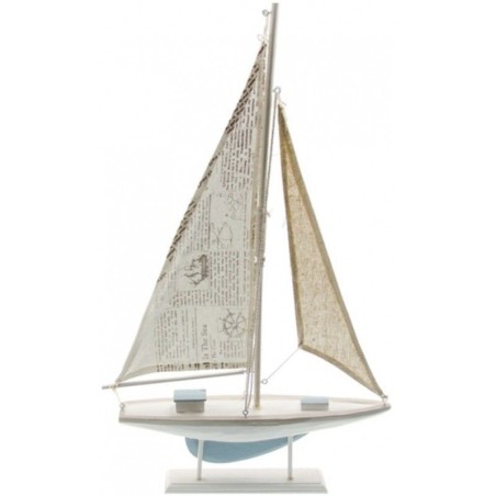 DECORATION BATEAU VOILIER BOIS BLANC, BLEU CIEL 56.5 X 35 X 5 CM 