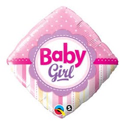 BALLON METALLIQUE CARRE BABY GIRL DOTS & STRIPES ROSE 46 CM