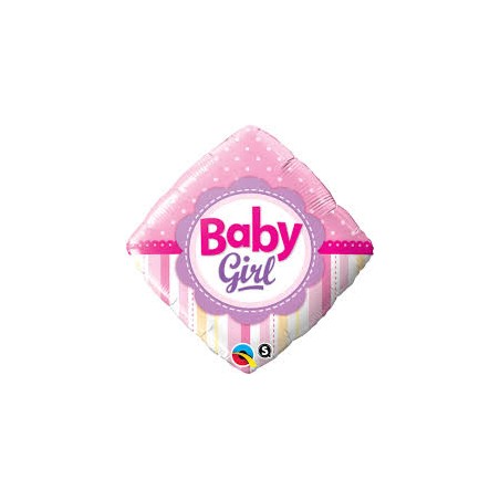 BALLON METALLIQUE CARRE BABY GIRL DOTS & STRIPES ROSE 46 CM