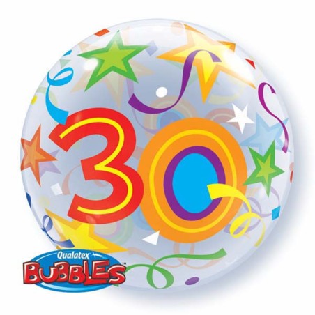 BALLON BUBBLES CHIFFRE 30 MULTICOLORE ETOILE 56 CM