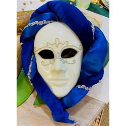 MASQUE VENITIEN BLANC DECOR ARGENT CERCLE DE  VELOUR BLEU