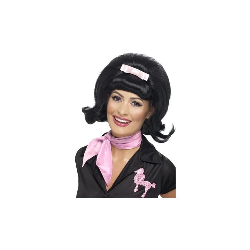PERRUQUE NOIRE NOEUD ROSE ANNEES 50 PERRUQUE NOIRE NOEUD ROSE ANNEES 50