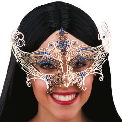 MASQUE LOUP METAL OR STRASS BLEU