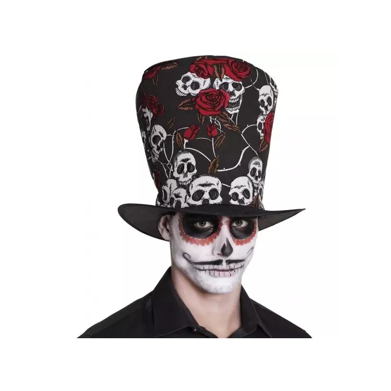 CHAPEAU HAUT DE FORME TETE DE MORT ET ROSES CHAPEAU HAUT DE FORME TETE DE MORT ET ROSES