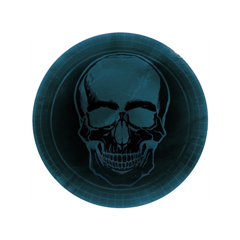 8 ASSIETTES TETE DE MORT SUR FOND BLEU NUIT 23 CM