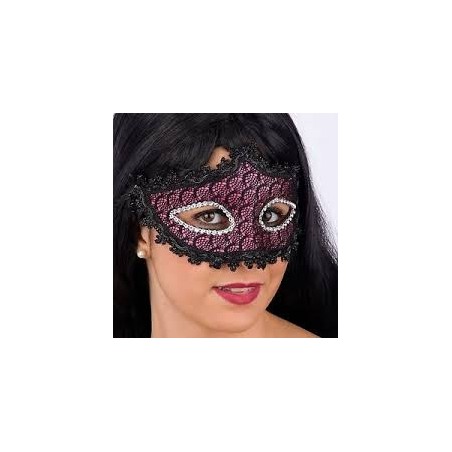 MASQUE LOUP DENTELLE NOIR/ROSE STRASS CONTOUR DES YEUX