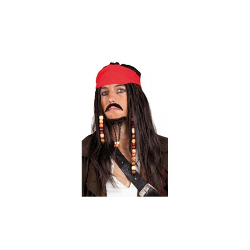 PERRUQUE PIRATE DES CARAIBES AVEC BANDEAU ROUGE ET BOUC